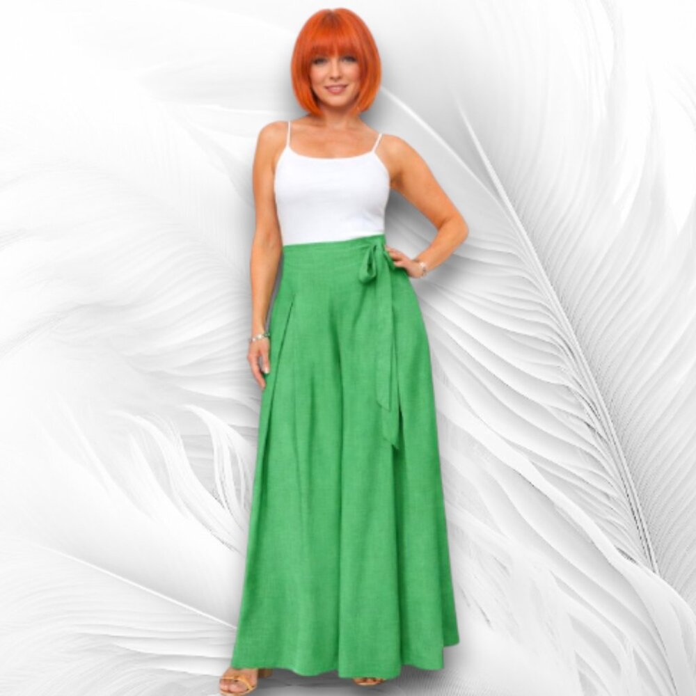 Emerald Green Wide Leg Pants Size L High Waist Elastic Back Palazzo Trousers
